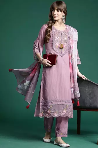 Women Floral Embroidered Regular Thread Work Linen Kurta with Trousers & With Dupatta