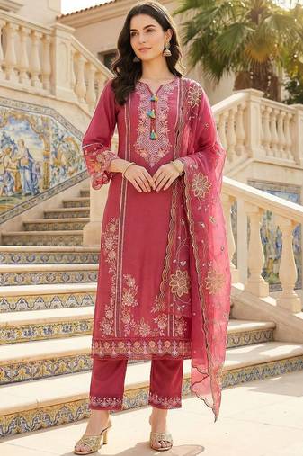 Women Floral Embroidered Regular Thread Work Kurta with Trousers & With Dupatta
