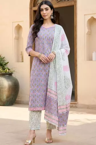 Women Floral Printed Regular Pure Cotton Kurta with Trousers & With Dupatta