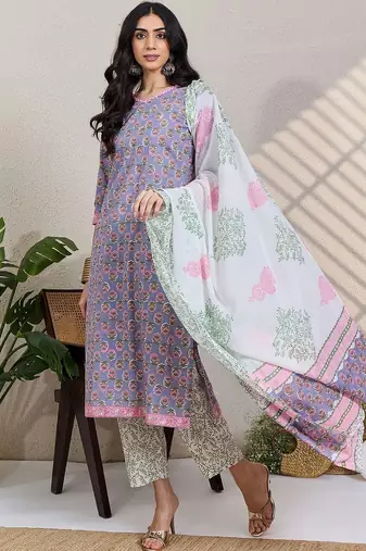 Women Floral Printed Regular Pure Cotton Kurta with Trousers & With Dupatta