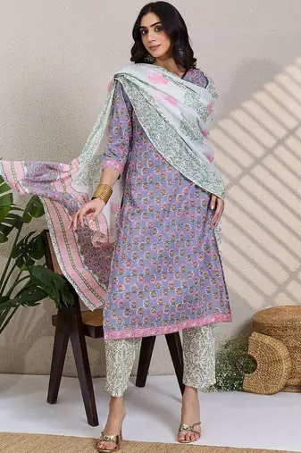 Women Floral Printed Regular Pure Cotton Kurta with Trousers & With Dupatta