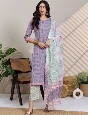 Women Floral Printed Regular  Cotton Kurta with Trousers & With Dupatta 7