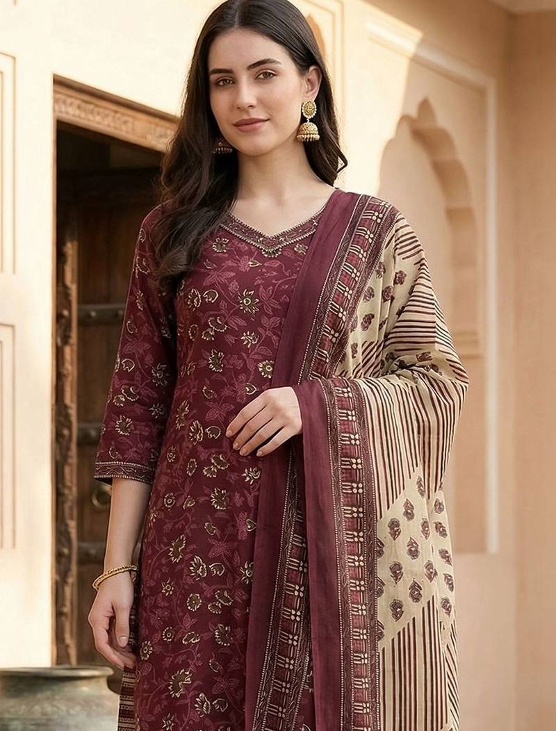 Women Floral Printed Regular Pure Cotton Kurta with Patiala & With Dupatta