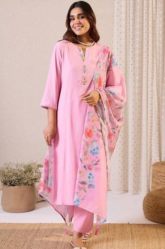 Women Floral Regular Thread Work Kurta with Trousers & With Dupatta