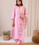 Women Floral Regular Thread Work Kurta with Trousers & With Dupatta