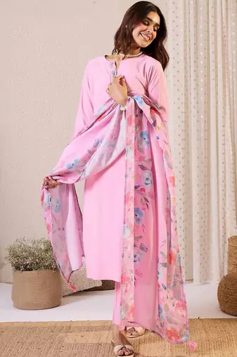 Women Floral Regular Thread Work Kurta with Trousers & With Dupatta