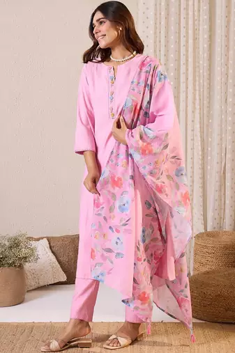 Women Floral Regular Thread Work Kurta with Trousers & With Dupatta