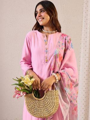 Women Floral Regular Thread Work Kurta with Trousers & With Dupatta 7