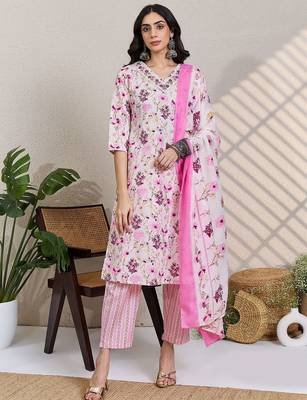 Women Floral Printed Regular Thread Work Pure Cotton Kurta with Trousers & With Dupatta 1