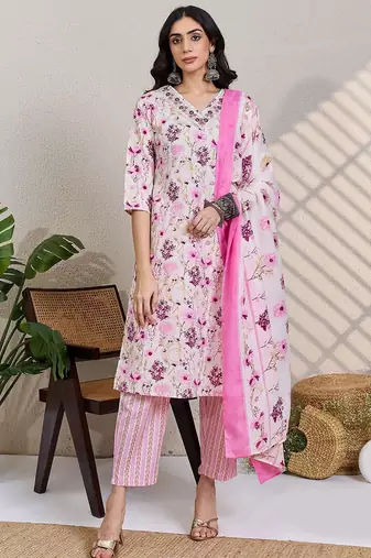 Women Floral Printed Regular Thread Work Pure Cotton Kurta with Trousers & With Dupatta