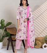 Women Floral Printed Regular Thread Work Pure Cotton Kurta with Trousers & With Dupatta