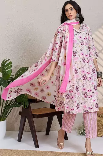 Women Floral Printed Regular Thread Work Pure Cotton Kurta with Trousers & With Dupatta