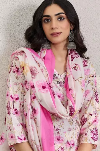 Women Floral Printed Regular Thread Work Pure Cotton Kurta with Trousers & With Dupatta