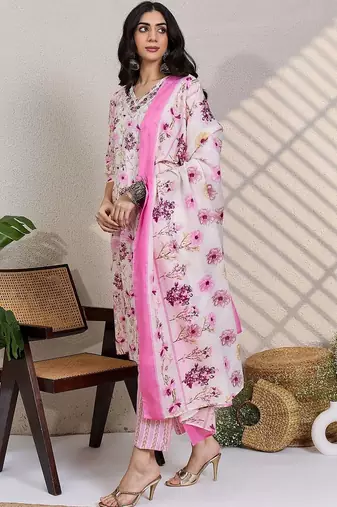 Women Floral Printed Regular Thread Work Pure Cotton Kurta with Trousers & With Dupatta