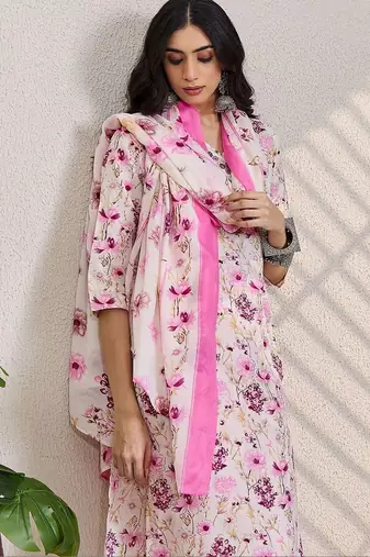 Women Floral Printed Regular Thread Work Pure Cotton Kurta with Trousers & With Dupatta