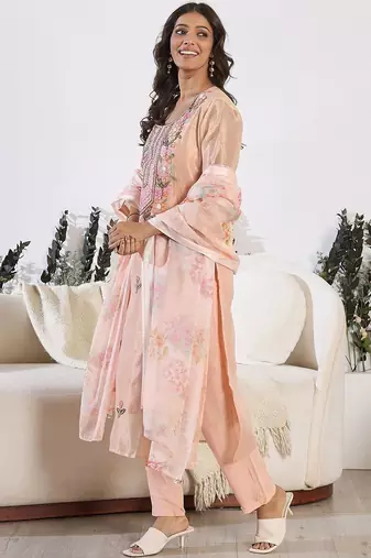 Women Floral Embroidered Regular Thread Work Pure Cotton Kurta with Trousers & With Dupatta