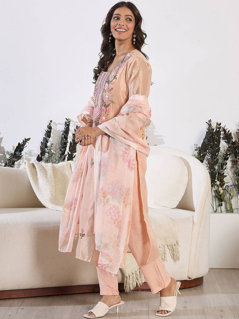 Women Floral Embroidered Regular Thread Work Pure Cotton Kurta with Trousers & With Dupatta