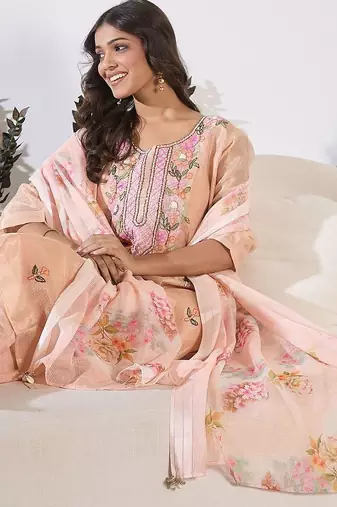 Women Floral Embroidered Regular Thread Work Pure Cotton Kurta with Trousers & With Dupatta