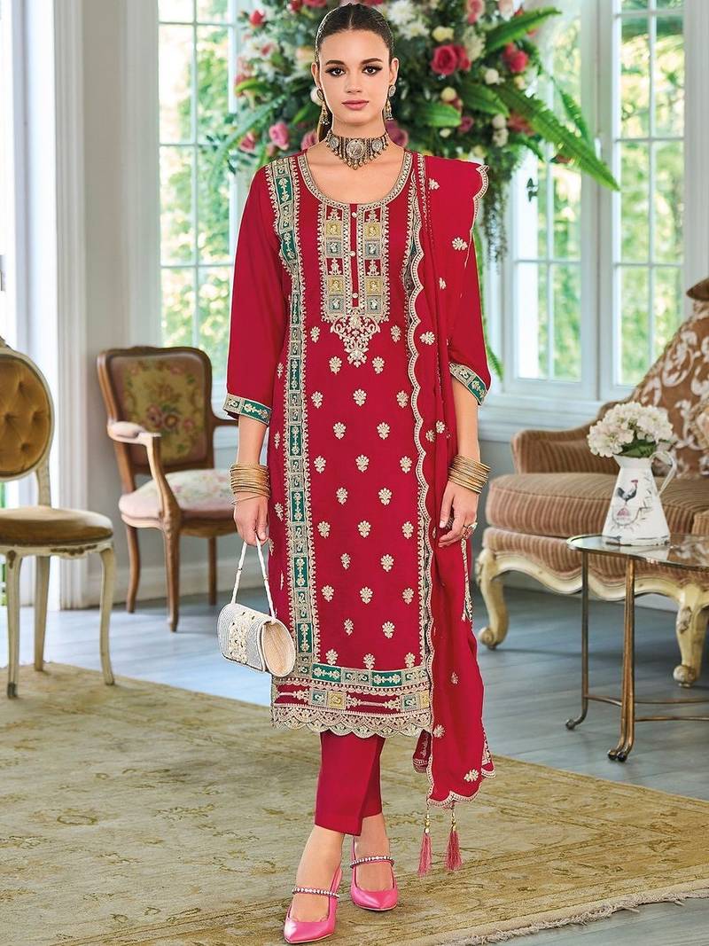 Women Ethnic Motifs Embroidered Regular Thread Work Kurta with Trousers & With Dupatta