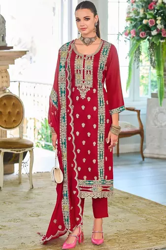 Women Ethnic Motifs Embroidered Regular Thread Work Kurta with Trousers & With Dupatta