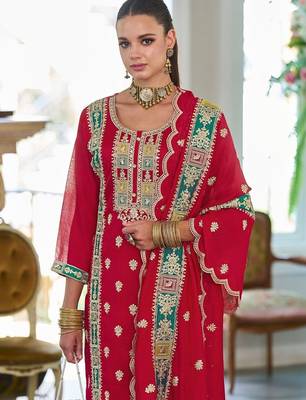 Women Ethnic Motifs Embroidered Regular Thread Work Kurta with Trousers & With Dupatta 4