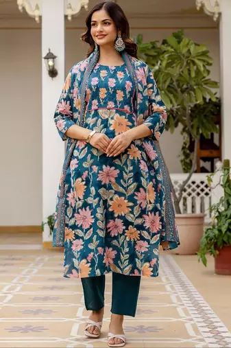 Women Floral Printed Regular Mirror Work Pure Cotton Kurta with Trousers & With Dupatta