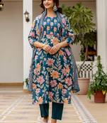 Women Floral Printed Regular Mirror Work Pure Cotton Kurta with Trousers & With Dupatta