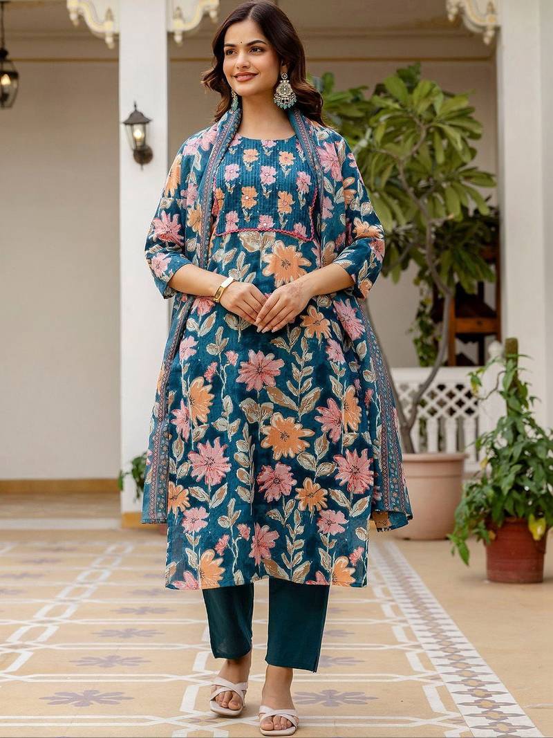 Women Floral Printed Regular Mirror Work Pure Cotton Kurta with Trousers & With Dupatta