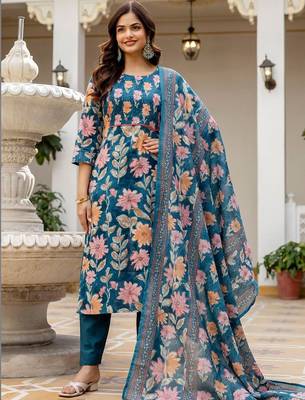 Women Floral Printed Regular Mirror Work Pure Cotton Kurta with Trousers & With Dupatta 3