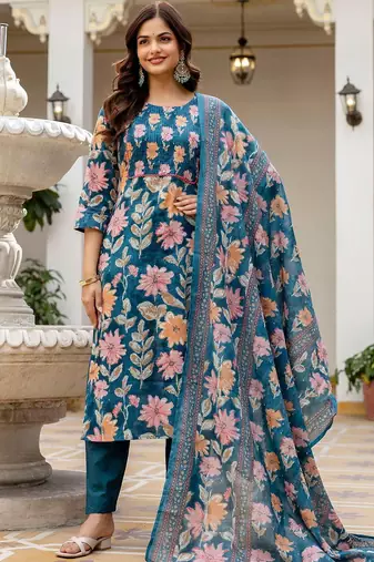 Women Floral Printed Regular Mirror Work Pure Cotton Kurta with Trousers & With Dupatta