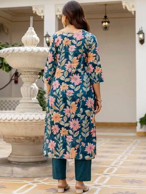 Women Floral Printed Regular Mirror Work Pure Cotton Kurta with Trousers & With Dupatta 4