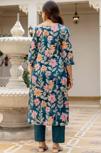 Women Floral Printed Regular Mirror Work Pure Cotton Kurta with Trousers & With Dupatta