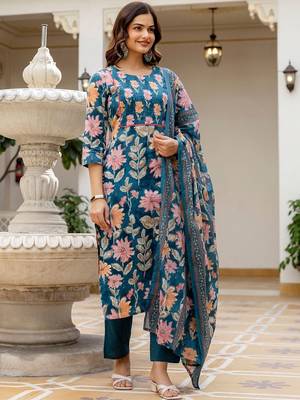 Women Floral Printed Regular Mirror Work Pure Cotton Kurta with Trousers & With Dupatta 5
