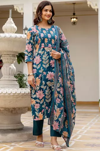 Women Floral Printed Regular Mirror Work Pure Cotton Kurta with Trousers & With Dupatta