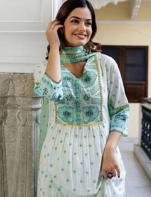 Floral Printed V-Neck Pleated Pure Cotton A-Line Kurta With Trouser And Dupatta 1