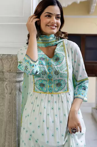 Floral Printed V-Neck Pleated Pure Cotton A-Line Kurta With Trouser And Dupatta