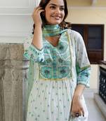 Floral Printed V-Neck Pleated Pure Cotton A-Line Kurta With Trouser And Dupatta