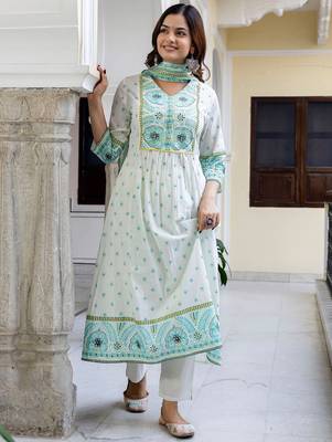 Floral Printed V-Neck Pleated Pure Cotton A-Line Kurta With Trouser And Dupatta 2
