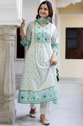Floral Printed V-Neck Pleated Pure Cotton A-Line Kurta With Trouser And Dupatta