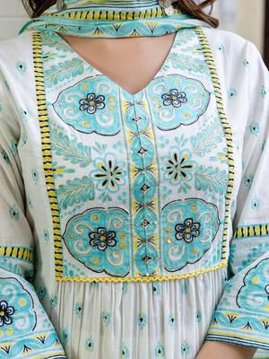 Floral Printed V-Neck Pleated Pure Cotton A-Line Kurta With Trouser And Dupatta 3