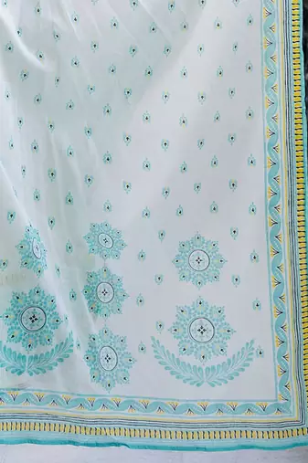 Floral Printed V-Neck Pleated Pure Cotton A-Line Kurta With Trouser And Dupatta