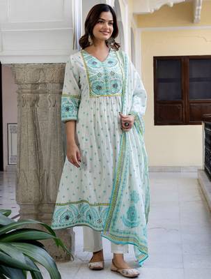Floral Printed V-Neck Pleated Pure Cotton A-Line Kurta With Trouser And Dupatta 5