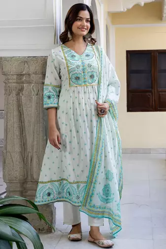 Floral Printed V-Neck Pleated Pure Cotton A-Line Kurta With Trouser And Dupatta