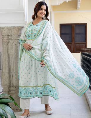 Floral Printed V-Neck Pleated Pure Cotton A-Line Kurta With Trouser And Dupatta 6