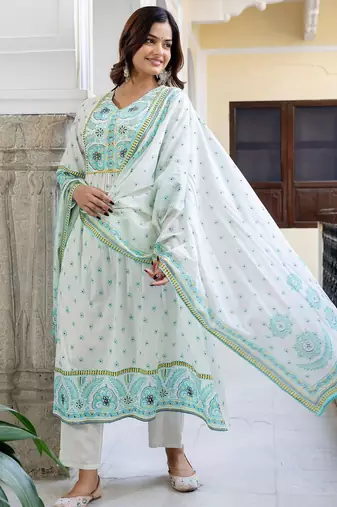 Floral Printed V-Neck Pleated Pure Cotton A-Line Kurta With Trouser And Dupatta