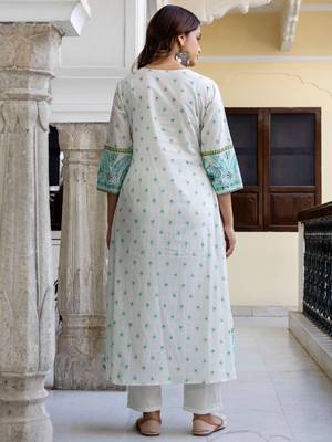 Floral Printed V-Neck Pleated Pure Cotton A-Line Kurta With Trouser And Dupatta 7
