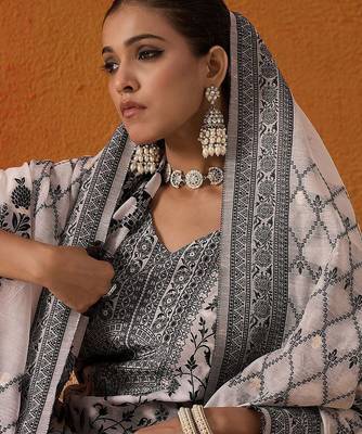 White Floral Printed V-Neck Straight Kurta with Trousers & Dupatta 1