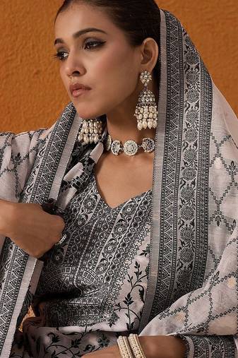 White Floral Printed V-Neck Straight Kurta with Trousers & Dupatta