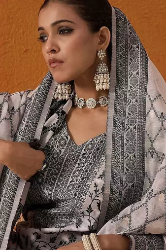 White Floral Printed V-Neck Straight Kurta with Trousers & Dupatta