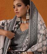 White Floral Printed V-Neck Straight Kurta with Trousers & Dupatta